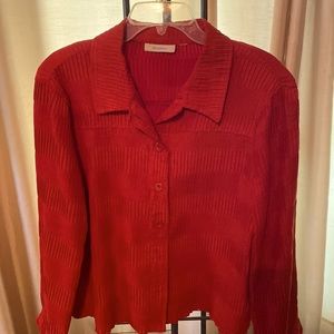 Red blazer, unlined with collar & button front closure. Button on cuff sleeves.